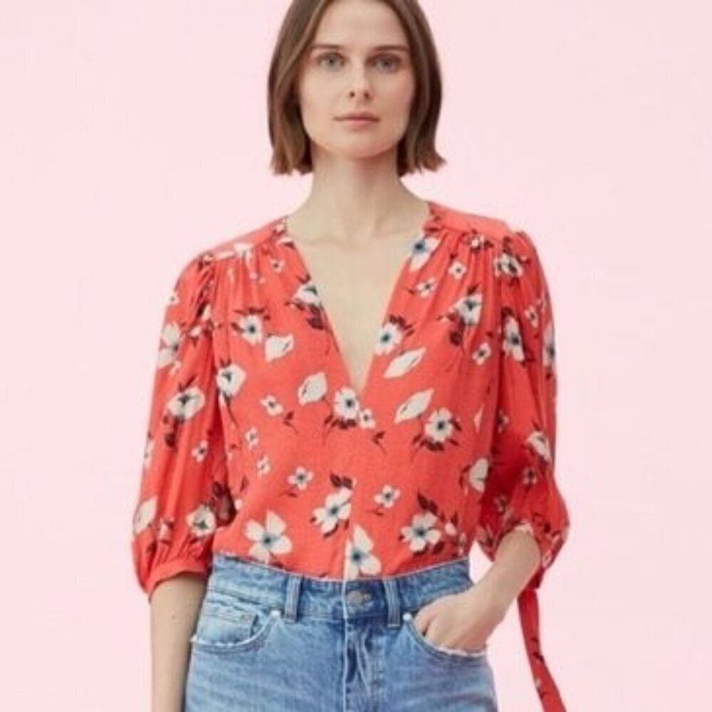 Rebecca Taylor Daniella Red Floral Silk Jacquard V-Neck Top